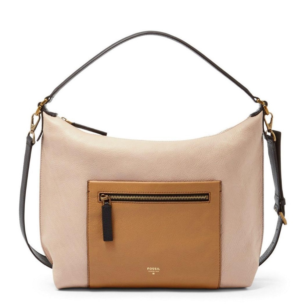 ⭐️ Fossil Vickery Leather Colorblock Shoulder Bag Tan Large Size Boho Neutral